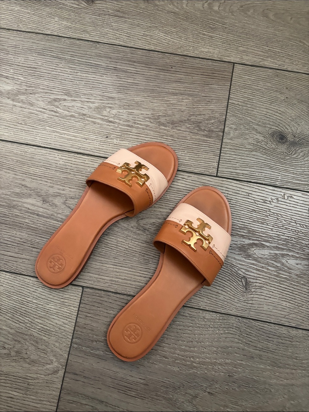 Tory Burch Tan & Cream Leather Slide Sandals with Gold Logo